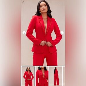 SWEETEST TOUCH BEADED TRIM SUIT SET Elegant Red Blazer and Pants Set